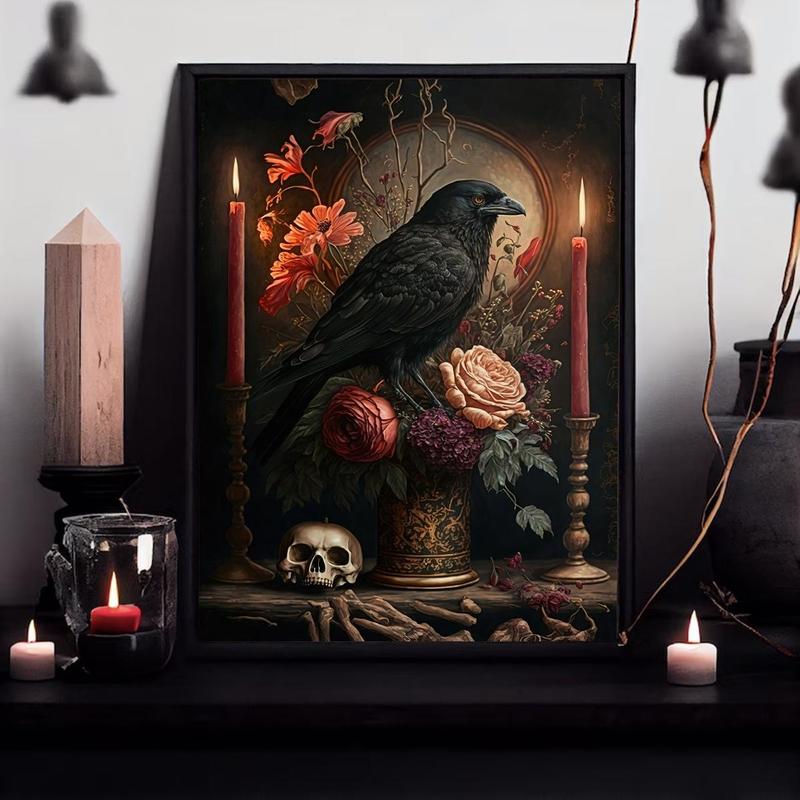  Crow & Flower Pattern Unframed Painting for Room Decor, Halloween Canvas Wall Art without Frame, Decorative Painting for Home Living Room Bedroom, Halloween Decor