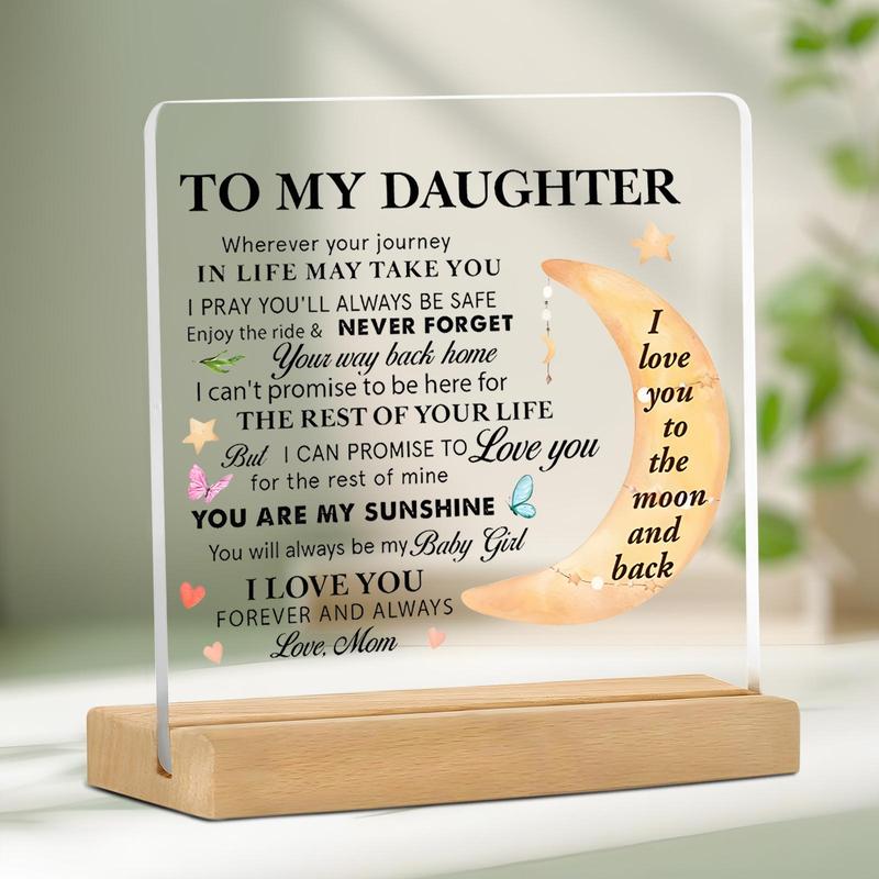 To My Daughter Letter Pattern Acrylic Plaque with Wooden Stand, Desktop Decoration Sign, Home Decor for Living Room Bedroom, Gift for Daughter