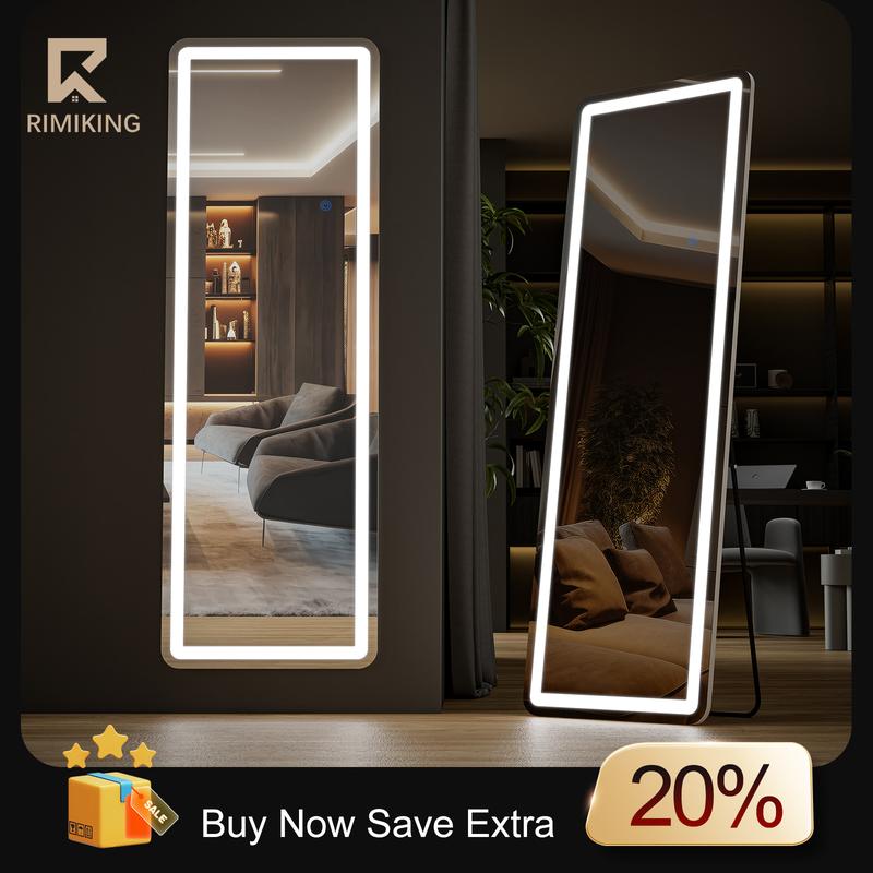 [Xmas Incoming] RIMIKING Full-Length LED Mirror,Adjustable Lighting,Dimmable Brightness,Smart Touch Control,Sturdy Stand and Supportive Hinge,Multiple Applications,Burst-Proof Glass,HD Reflection