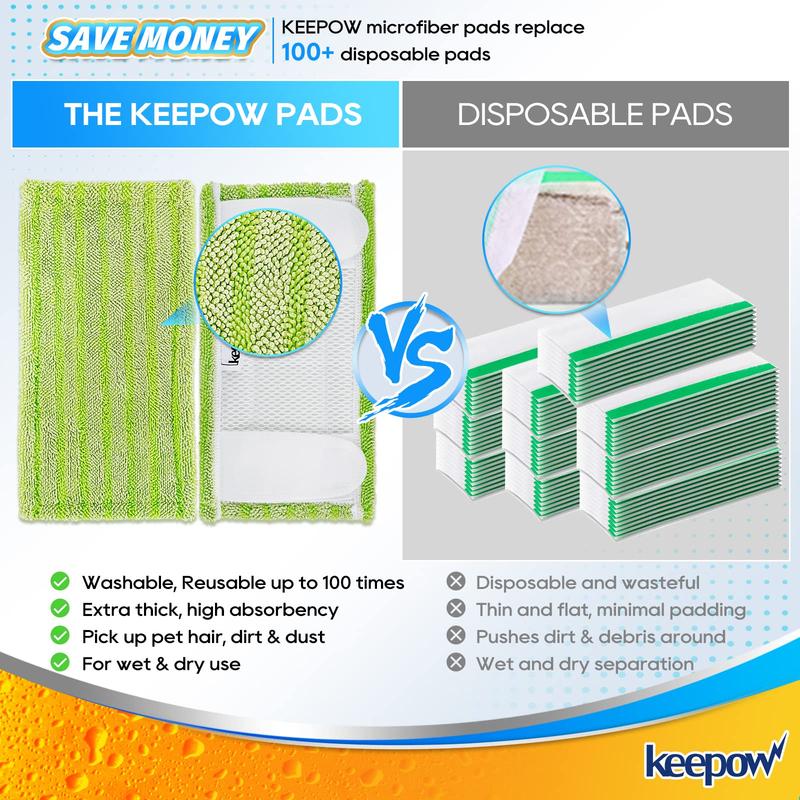 KEEPOW Reusable Wet Pads Compatible with Swiffer Sweeper Mop, Dry Sweeping Cloths, Washable Microfiber Mop Wet Pads Refills for Hard-Surface Hardwood Floor Cleaning, 4-Pack