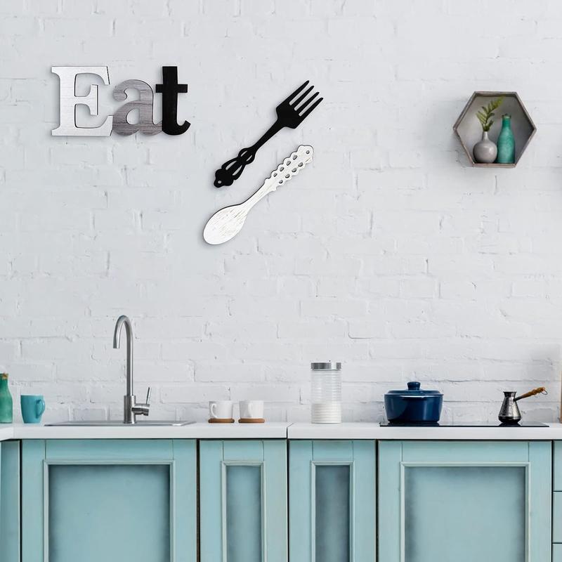 Set of EAT Sign, Fork and Spoon Wall Decor, Rustic Wood Eat Decoration, Cute Eat Letters for Kitchen and Home, Decorative Hanging Wooden Letters, Country Wall Art for Dining Room (Stylish Colors)