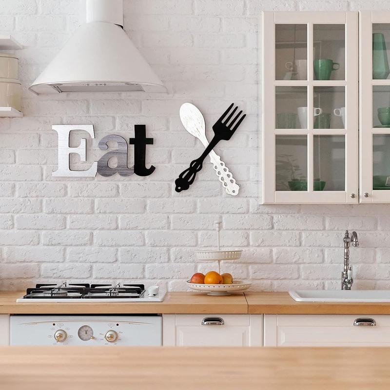 Set of EAT Sign, Fork and Spoon Wall Decor, Rustic Wood Eat Decoration, Cute Eat Letters for Kitchen and Home, Decorative Hanging Wooden Letters, Country Wall Art for Dining Room (Stylish Colors)