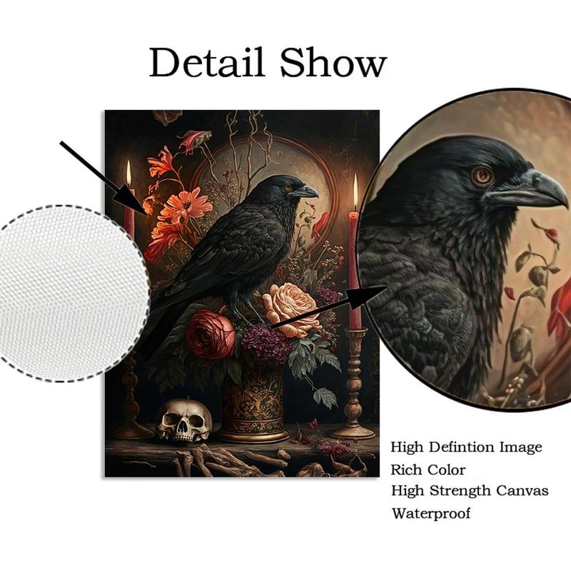  Crow & Flower Pattern Unframed Painting for Room Decor, Halloween Canvas Wall Art without Frame, Decorative Painting for Home Living Room Bedroom, Halloween Decor