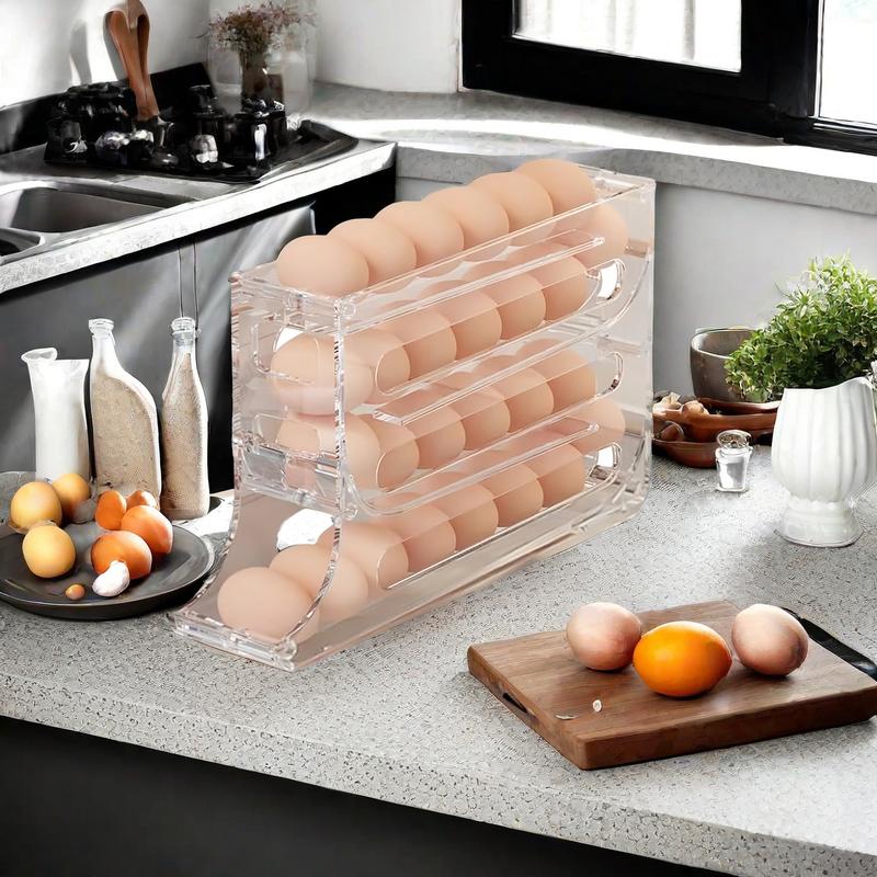 Transparent 30-Egg Refrigerator Organizer, Egg Storage Box, Auto-Rolling Egg Dispenser, Space-Saving 4-Tier Egg Holder, Large Capacity Egg Storage Rack