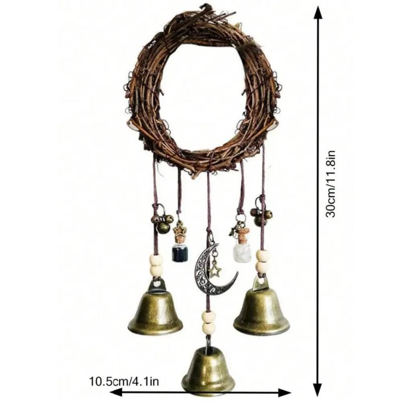 Witch Bell Hanging Decor, 1 Count Vintage Round Rattan with Bells & Bottles & Moon Hanging Ornament, Festive Home Decor for Living Room Bedroom