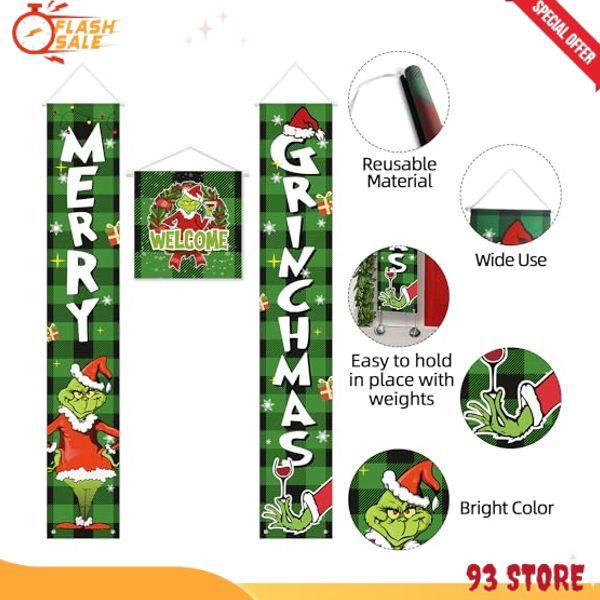 Christmas Decorations-Christmas Banner Porch Decorations Sign, 3 PCS Griinchs Christmas Door Banner Decorations, Indoor Outdoor