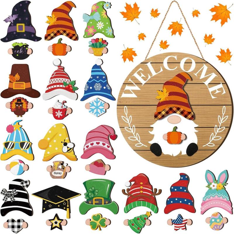 Interchangeable Wooden Gnome Decor Holiday Seasonal Gnome Decorations with 15 Magnet Pieces and 15 Detachable Hats Gnome Changeable Welcome Sign for Home