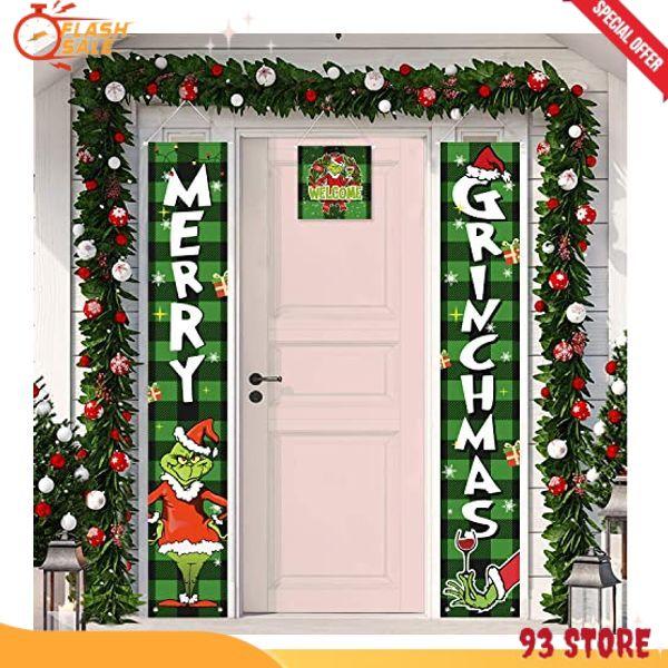 Christmas Decorations-Christmas Banner Porch Decorations Sign, 3 PCS Griinchs Christmas Door Banner Decorations, Indoor Outdoor