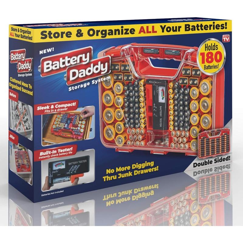 Battery Daddy - Battery Organizer Storage Case with Tester, Stores & Protects Up to 180 Batteries, Clear Locking Lid, As Seen On TV