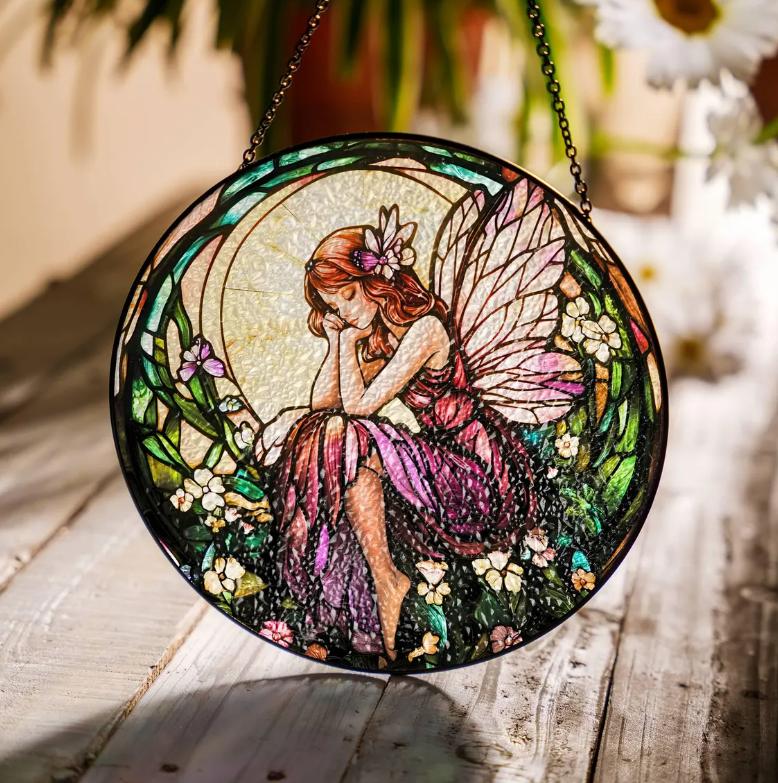 Fairy Stained Glass Sun Catcher – Enchanted Forest Fairy Window Hanging, Light Catcher for Home Decor, Perfect Gift for Fairy Lovers