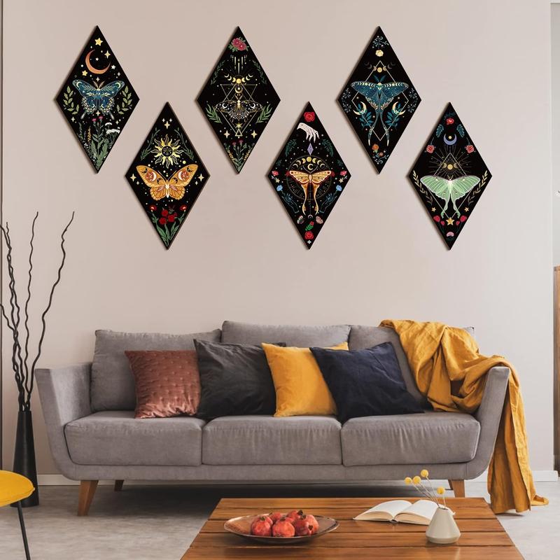 6 Pack Boho Wall Decor – Sun and Moon Phases Art, Gothic Minimalist Stars and Sun Hangings – Wooden Decorative Ornaments for Living Room, Bedroom, and Back to School