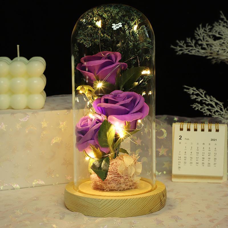 Christmas Artificial Rose with Led Light & Glass Cover for Room Decor, 1 Count Decorative Flower Plants for Party Ornaments, Office Decor, Home Decor, Birthday Gift for Girlfriend