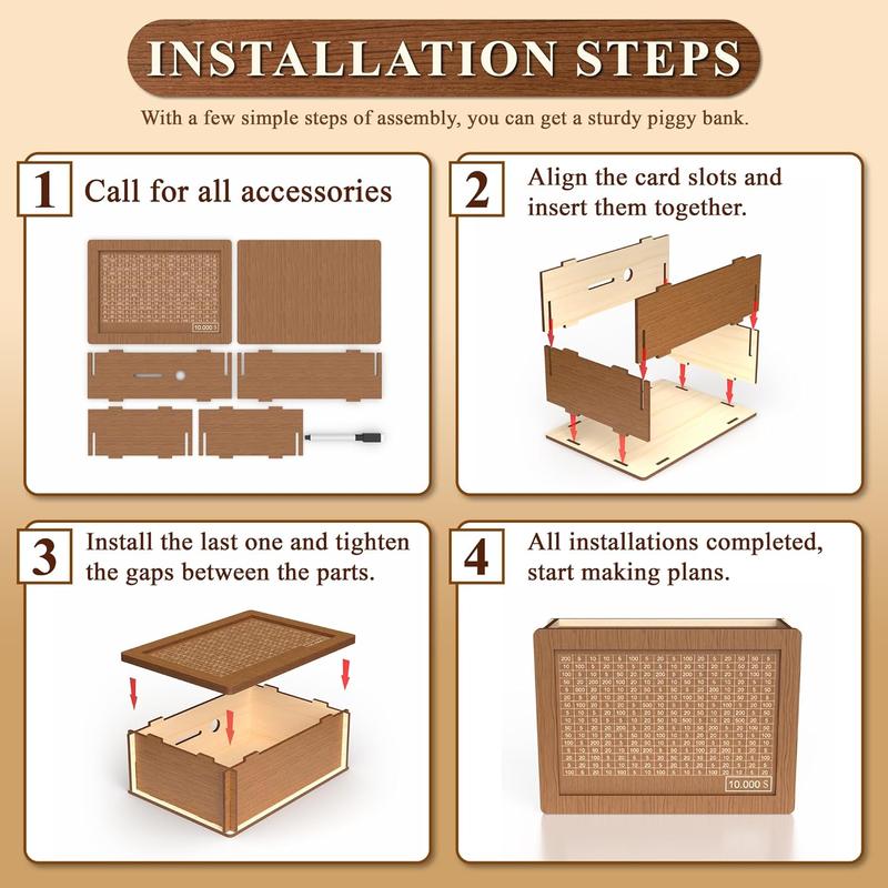 Cash Vault Wooden Savings Box,Wooden Cash Saver Money Box,Wooden Piggy Bank Coin Bank with Counting Target,10000 Savings Challenge Box,Wooden Coin Bank for Boys and Girls
