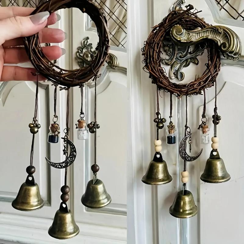 Witch Bell Hanging Decor, 1 Count Vintage Round Rattan with Bells & Bottles & Moon Hanging Ornament, Festive Home Decor for Living Room Bedroom