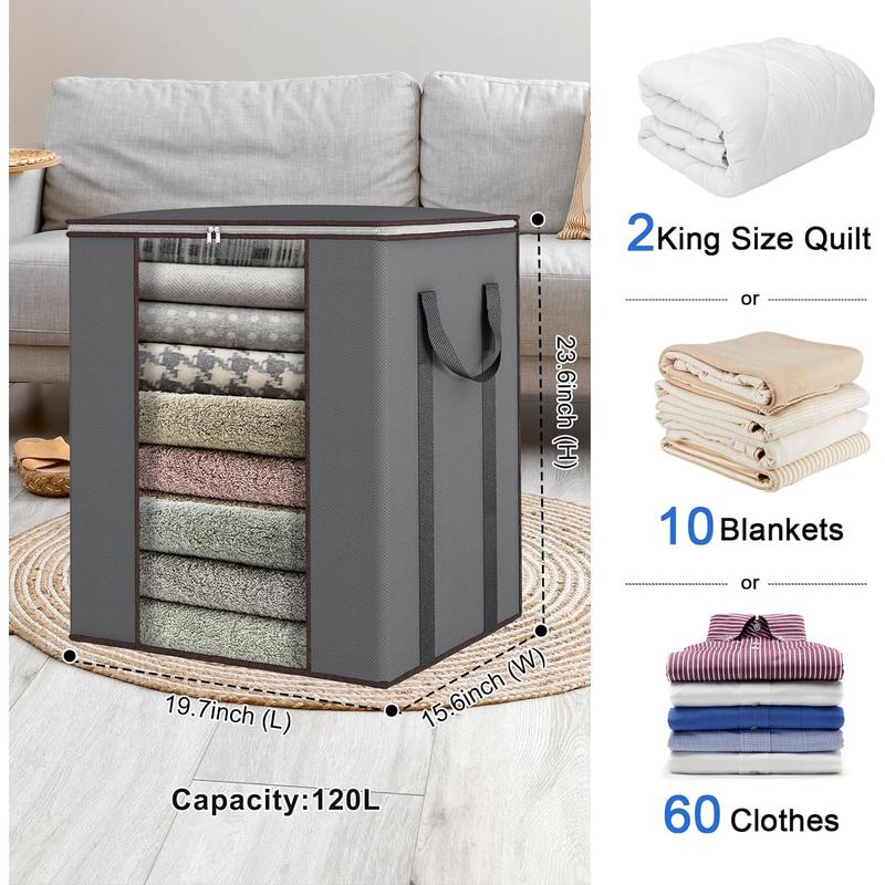 Extra Large Blanket Storage Bags 120L Comforter Storage Bags with Reinforced Handles Breathable Clothes Storage Containers for King Comforter Bedding Pillow Sheet Grey Organiser