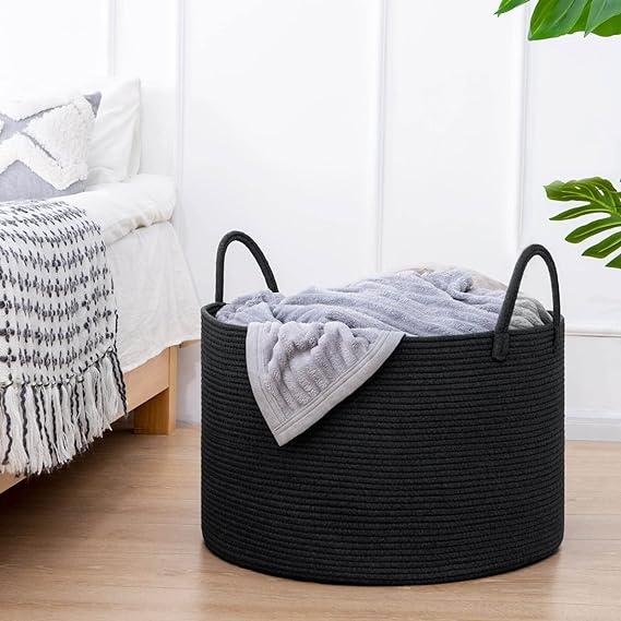 Goodpick Big Woven Rope Laundry Basket, Black Laundry Basket for Blankets, Clothes, Toys, Towels, Pillows, Large Bin for Living Room, Bedroom, Bathroom, Handmade Baskets of Natural Material21.7 x 13.8 inches, 83L