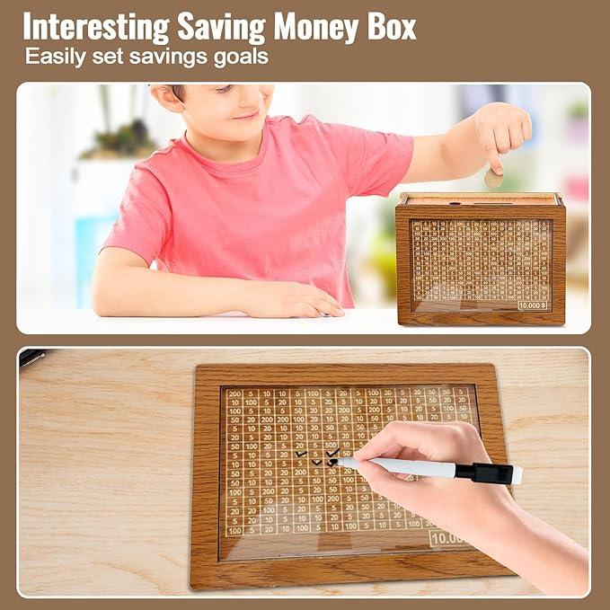 Cash Vault Wooden Savings Box,Wooden Cash Saver Money Box,Wooden Piggy Bank Coin Bank with Counting Target,10000 Savings Challenge Box,Wooden Coin Bank for Boys and Girls