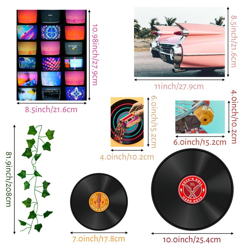 Retro Record Pattern Wall Art, 48pcs set Creative Wall Decor, 80s Theme Poster & Sticker & Artificial Hanging Vine Set, Wall Hanging Decoration for Home Living Room Bedroom Collage Dorm