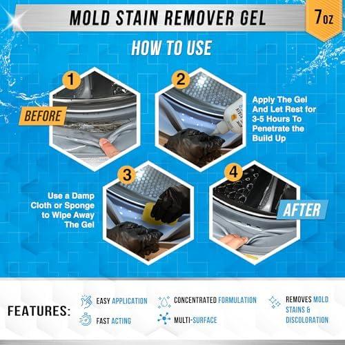 Mold Stain Remover Gel Cleaner Heavy Duty Cleaning Solution for Front Loader Washing Machine Seal, Bathroom Grout, Shower, Caulk (7 fl oz) Household Smooth