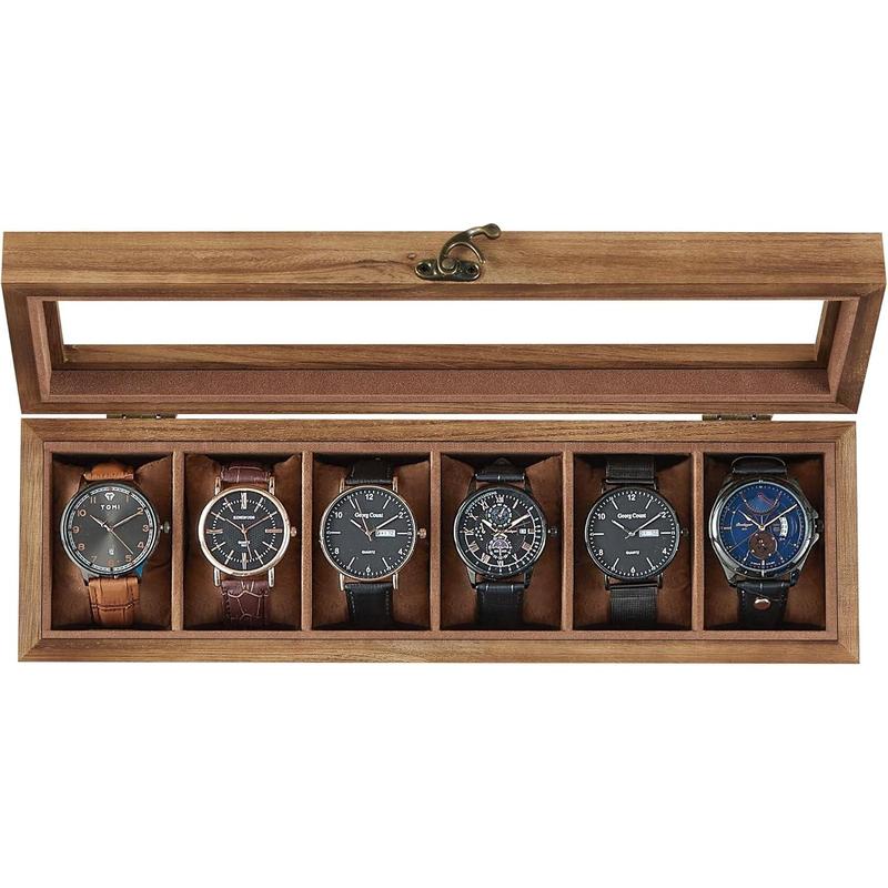 Watch Box, 6-Slot Watch Case, Watch Box Organizer with Glass Lid, Watch Display Case with Removable Pillows, Gift for Loved Ones