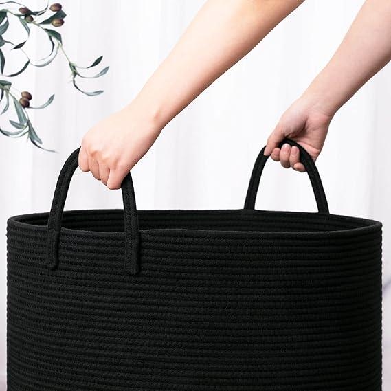 Goodpick Big Woven Rope Laundry Basket, Black Laundry Basket for Blankets, Clothes, Toys, Towels, Pillows, Large Bin for Living Room, Bedroom, Bathroom, Handmade Baskets of Natural Material21.7 x 13.8 inches, 83L