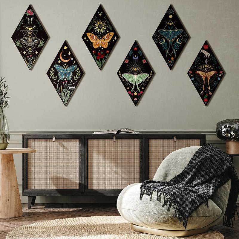 6 Pack Boho Wall Decor – Sun and Moon Phases Art, Gothic Minimalist Stars and Sun Hangings – Wooden Decorative Ornaments for Living Room, Bedroom, and Back to School