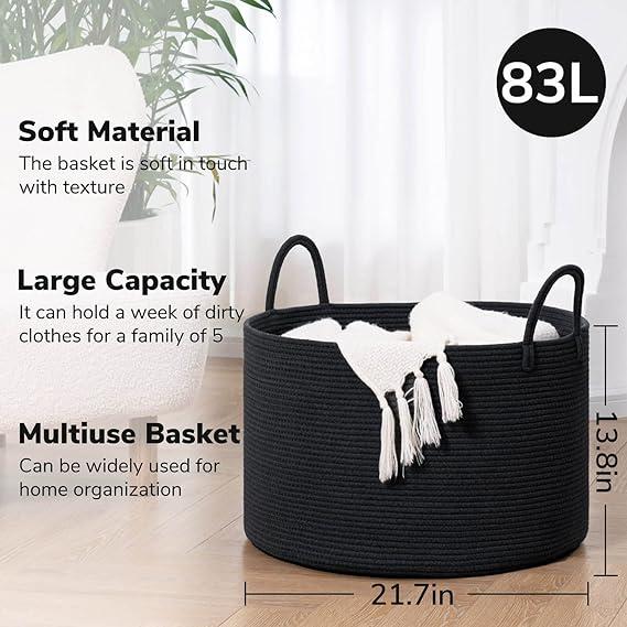 Goodpick Big Woven Rope Laundry Basket, Black Laundry Basket for Blankets, Clothes, Toys, Towels, Pillows, Large Bin for Living Room, Bedroom, Bathroom, Handmade Baskets of Natural Material21.7 x 13.8 inches, 83L