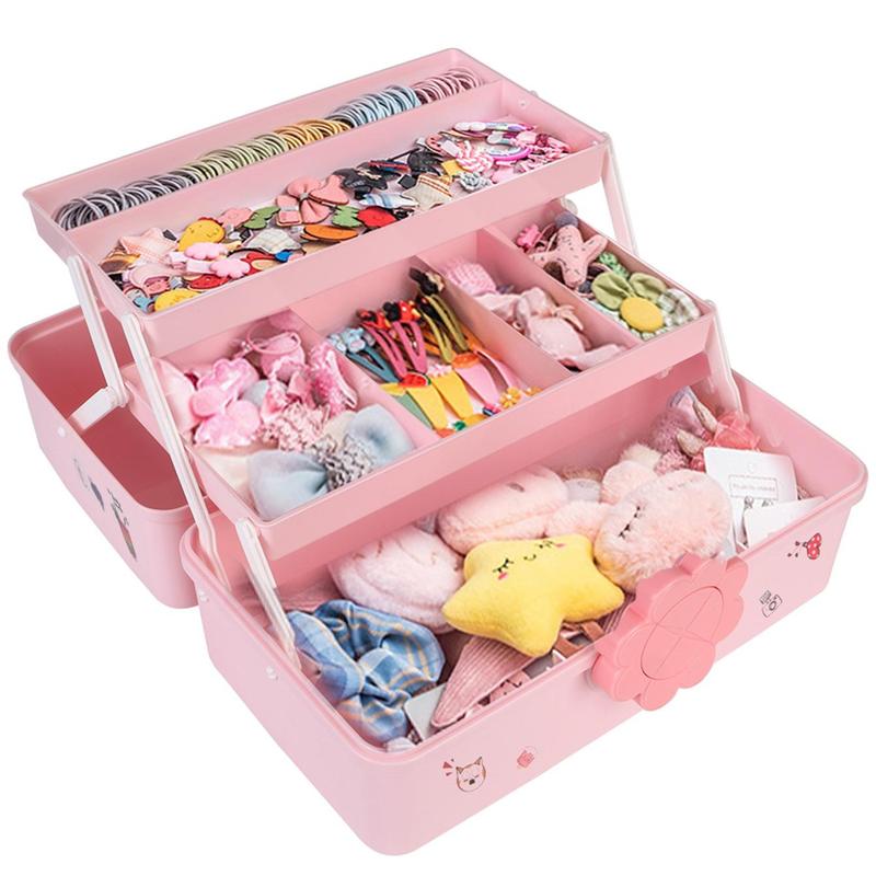 Hair Accessories Storage Box with Cartoon Stickers, 1 Count Portable Multi-layer Hairpin Organizer, Jewelry Case for Girls, Home Organizer for Bedroom