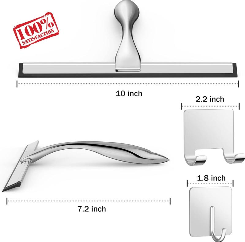 10 Inch Silver Stainless Steel All-Purpose Squeegee for Shower Glass Door with 2 Adhesive Hooks