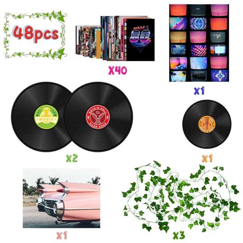 Retro Record Pattern Wall Art, 48pcs set Creative Wall Decor, 80s Theme Poster & Sticker & Artificial Hanging Vine Set, Wall Hanging Decoration for Home Living Room Bedroom Collage Dorm