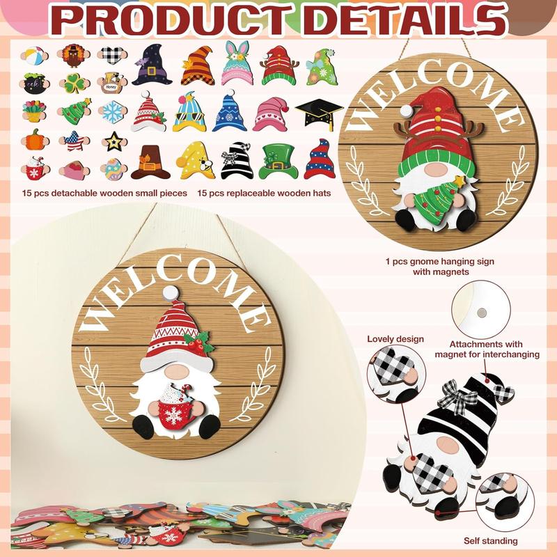 Interchangeable Wooden Gnome Decor Holiday Seasonal Gnome Decorations with 15 Magnet Pieces and 15 Detachable Hats Gnome Changeable Welcome Sign for Home