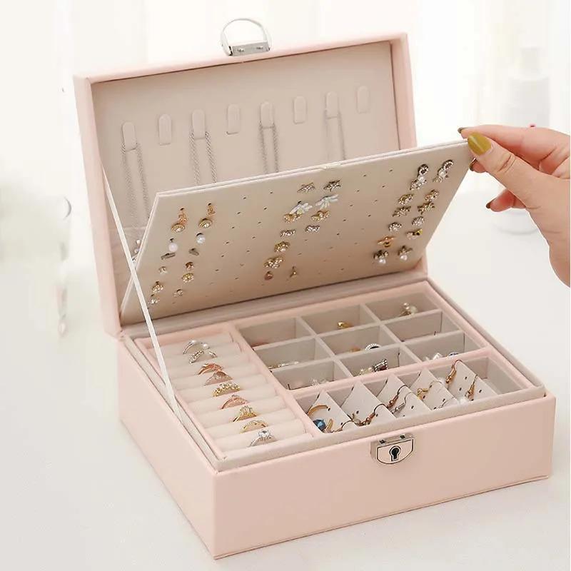 Large Capacity Jewelry Box Rings Earrings Display Leather Jewelry Tray Box Necklaces Portable Storage Organizer Gift For Girls