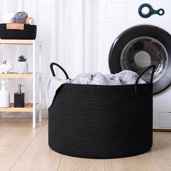 Goodpick Big Woven Rope Laundry Basket, Black Laundry Basket for Blankets, Clothes, Toys, Towels, Pillows, Large Bin for Living Room, Bedroom, Bathroom, Handmade Baskets of Natural Material21.7 x 13.8 inches, 83L