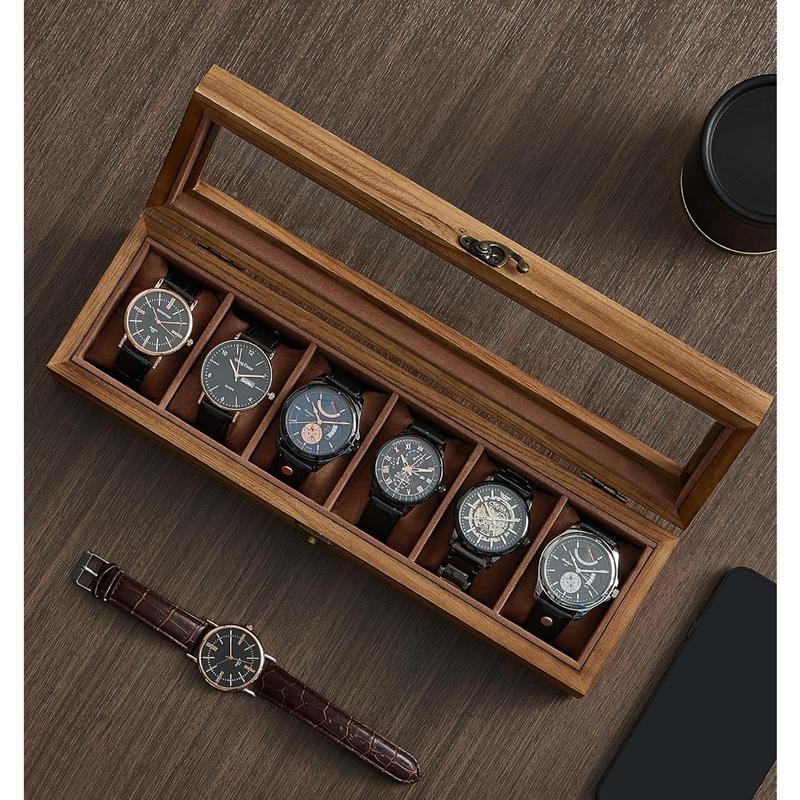 Watch Box, 6-Slot Watch Case, Watch Box Organizer with Glass Lid, Watch Display Case with Removable Pillows, Gift for Loved Ones