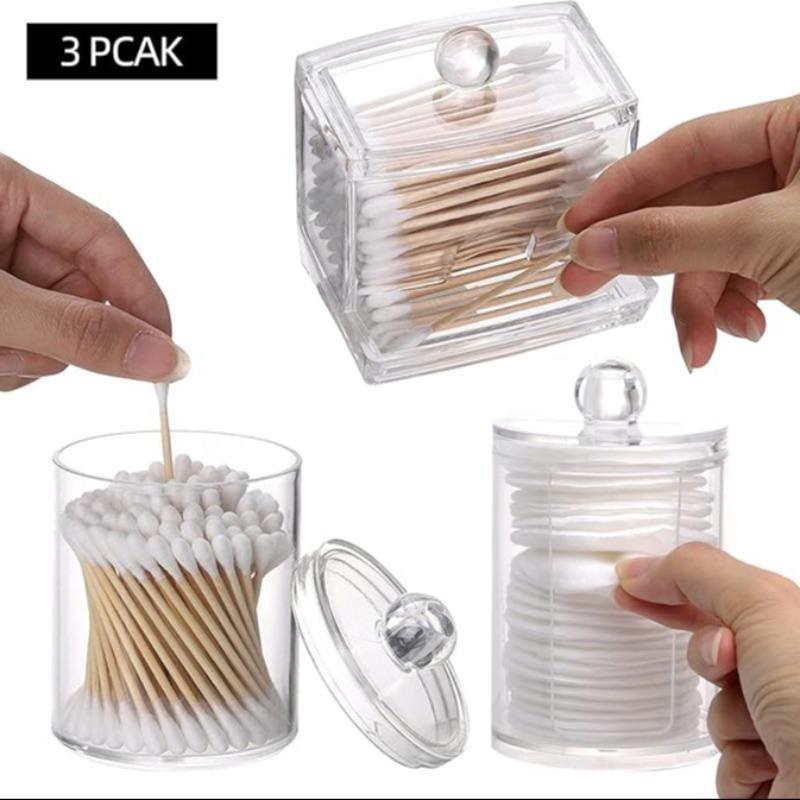 Clear Cotton Swab Storage Box, 3 Counts set Including 1 Count Storage Box & 2 Counts Storage Jar, Home Organizer for Bathroom