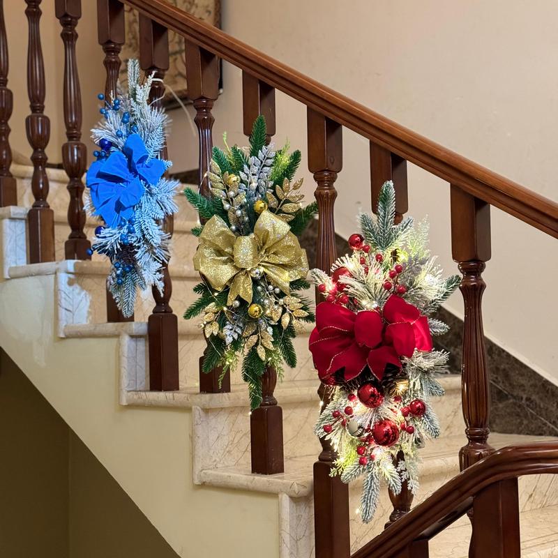 Light Up Christmas Swag Wreath, Cordless Prelit Stairway Swag Trim, Hanging Stair Teardrop Swag Garlands, for Front Door Holiday Outdoor Decor