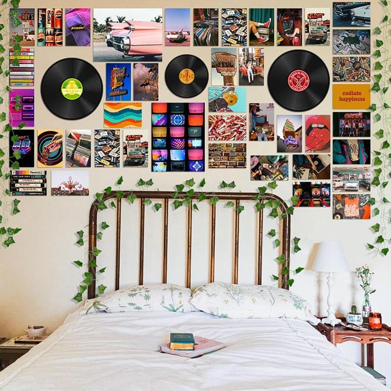 Retro Record Pattern Wall Art, 48pcs set Creative Wall Decor, 80s Theme Poster & Sticker & Artificial Hanging Vine Set, Wall Hanging Decoration for Home Living Room Bedroom Collage Dorm