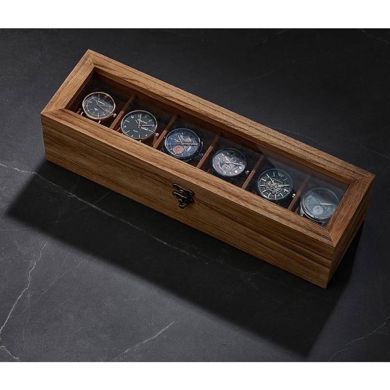 Watch Box, 6-Slot Watch Case, Watch Box Organizer with Glass Lid, Watch Display Case with Removable Pillows, Gift for Loved Ones