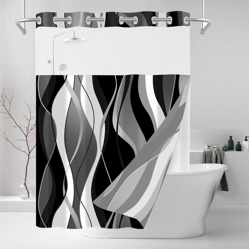 No Hook Shower Curtain with Snap in Liner Black Striped Shower Curtain and Liner Set White Shower Curtain Liner Modern Fabric Shower Curtain with See Through Top Window Washable, 71 x 74 Inch