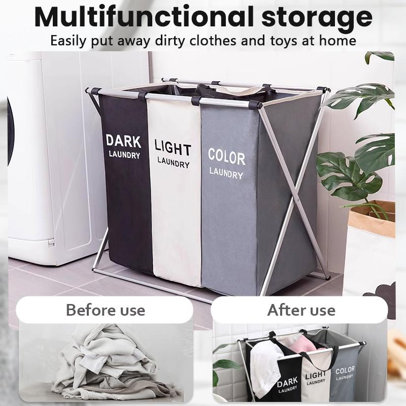 Laundry Basket Hamper 3 Section Dirty Clothes Hamper with Mesh Cover Foldable Aluminum Frame Laundry Sorter Organizer for Bathroom Bedroom Nursery