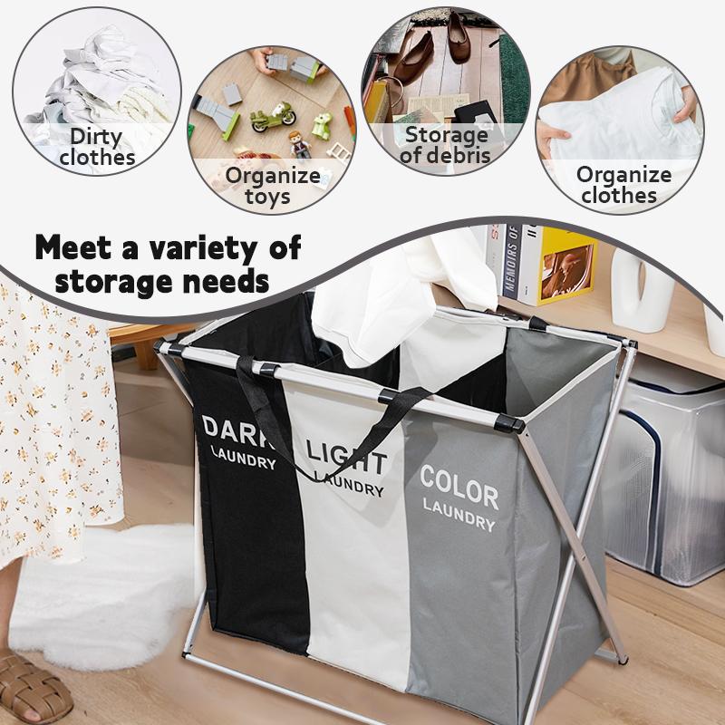 Laundry Basket Hamper 3 Section Dirty Clothes Hamper with Mesh Cover Foldable Aluminum Frame Laundry Sorter Organizer for Bathroom Bedroom Nursery