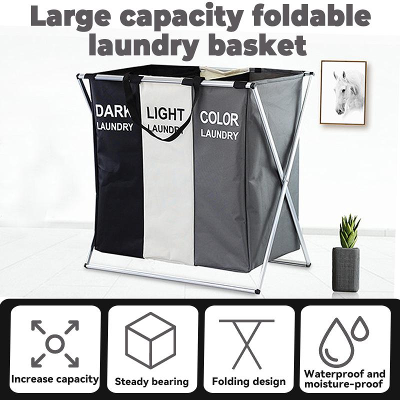 Laundry Basket Hamper 3 Section Dirty Clothes Hamper with Mesh Cover Foldable Aluminum Frame Laundry Sorter Organizer for Bathroom Bedroom Nursery