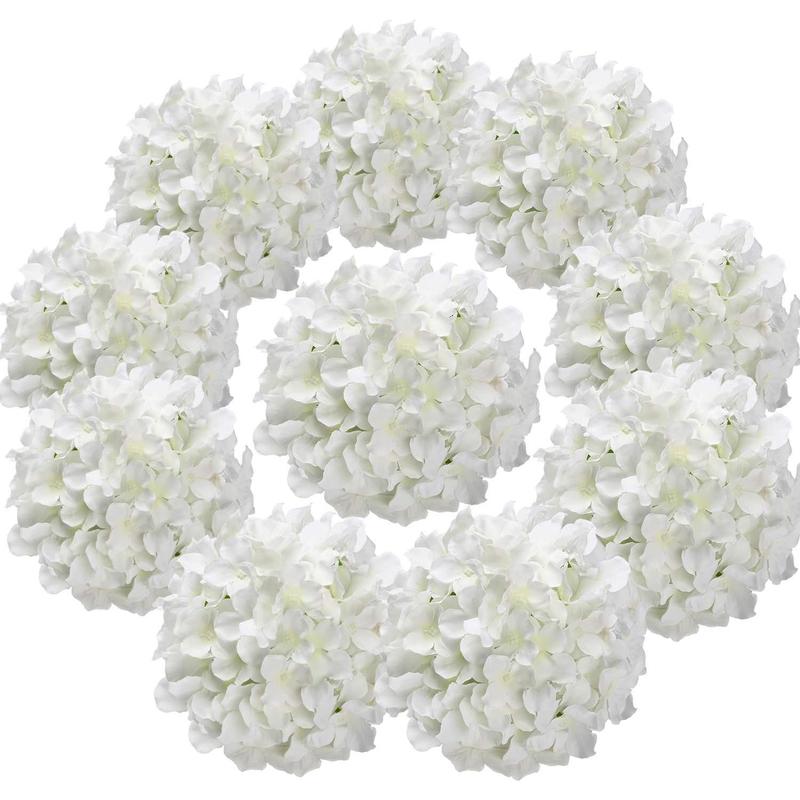 Silk Hydrangea Heads Artificial Flowers Heads with Stems for Home Wedding Decor,Pack of 10 (White)