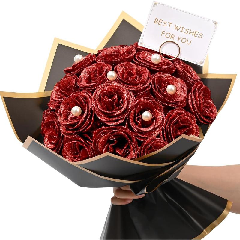 Red Glitter Roses Bouquet, DIY Fake Flowers Bouquet, Everlasting Shiny Artificial Rose Bouquet for Valentine's Day, Anniversary, Engagement, Wedding, 24 Roses Decor Decorative Ornaments gift