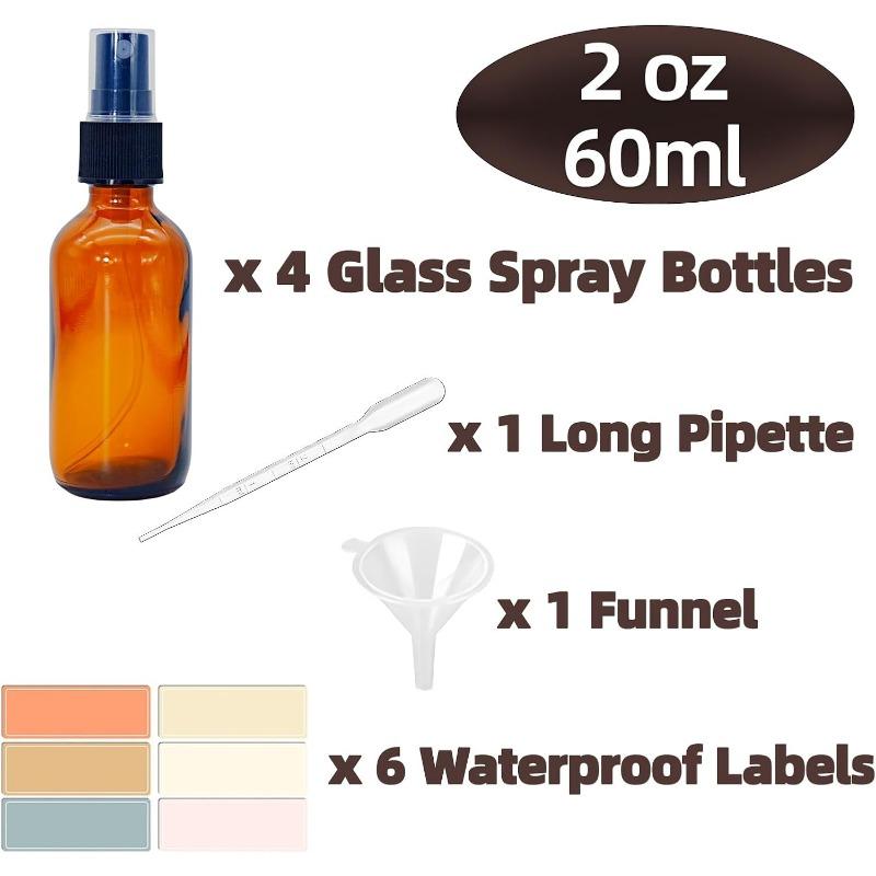 4 PACK 2 oz Small Amber Glass Spray Bottles, 2oz Mini Travel Empty Fine Mist Spray Bottle with Funnel and Labels for Hair, Plants, Perfume