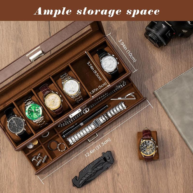 Watch Box for Men, 6 Slot  3Slot Watch Display Case with Drawer, Men Watch Case With Glass Lid, Watch Storage Watch Holder Organizer for Men Women -6 Slot