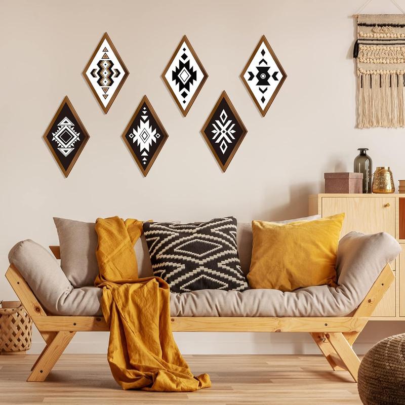 6 Pcs Farmhouse Aztec Wall Decor Western Home Wall Decor Southwestern Rustic Boho Diamond Wood Sign Modern Geometric Hanging Room Ornaments Hangable Wooden Decoration