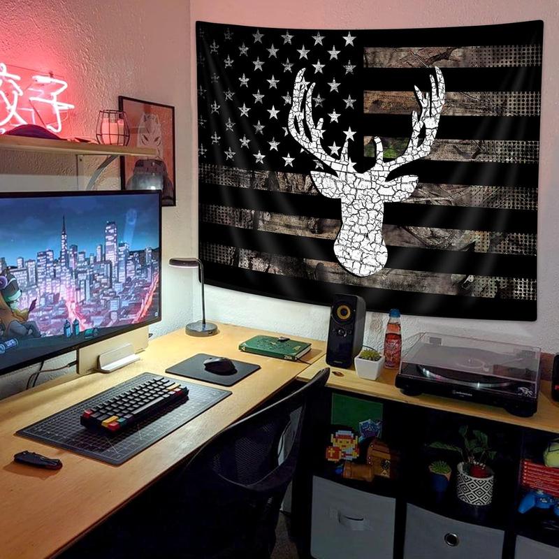 American Flag Hunting Tapestry, Western Black and White Country Deer Tapestry Wall Hanging for Men Bedroom Room, Rustic Camo Tapestries Poster Blanket College Dorm Home Decor 60X40 Inches