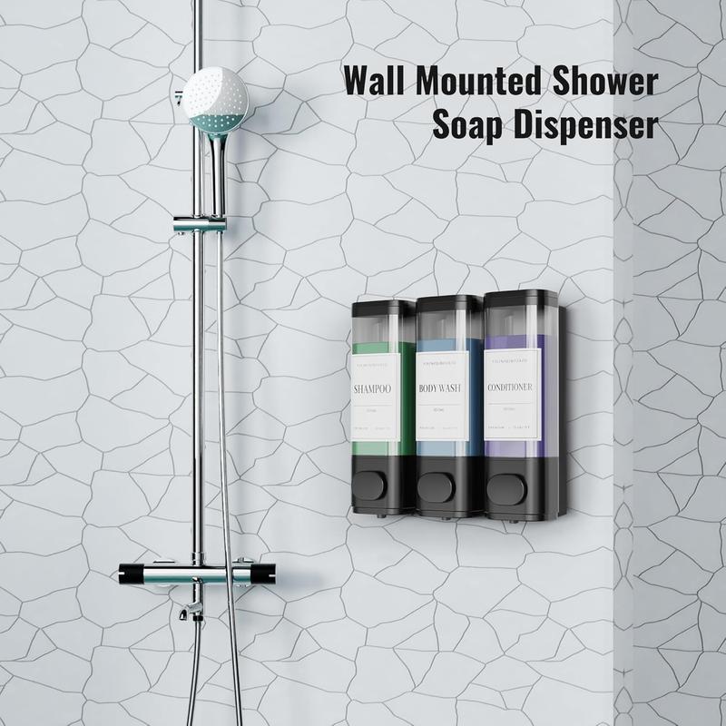 Shampoo and Conditioner Dispenser, 3-Chamber Wall Mounted Shower Soap Dispenser, No Drill Shampoo Pump Dispenser for Shower Bathroom Hotel, 3 * 300ml with Labels, Grey Smooth Transparent