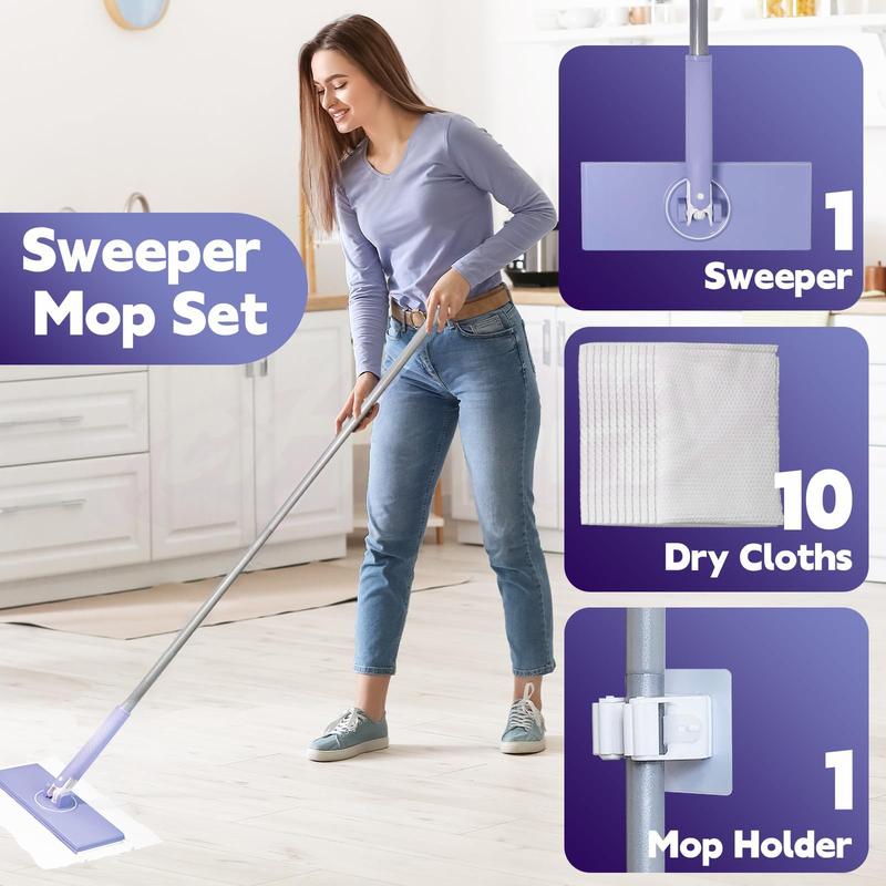 Touch-Free Sweeper Mop – Compatible with Swiffer Pads, 10 Dry Towels for Hardwood, Tile & Vinyl